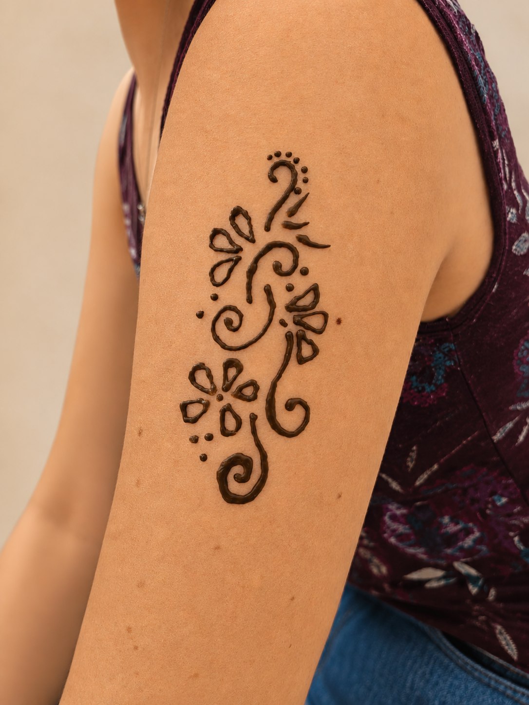 Compact swirl and daisy henna design on the upper arm